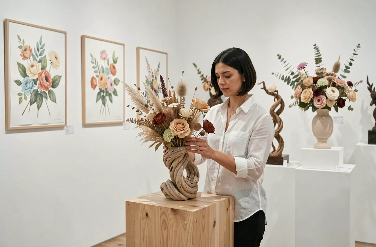 Boutique-galerie A La Fleur De L'Art avec des impressions botaniques aux murs et une fleuriste arrangeant des fleurs séchées sur un piédestal en bois minimaliste