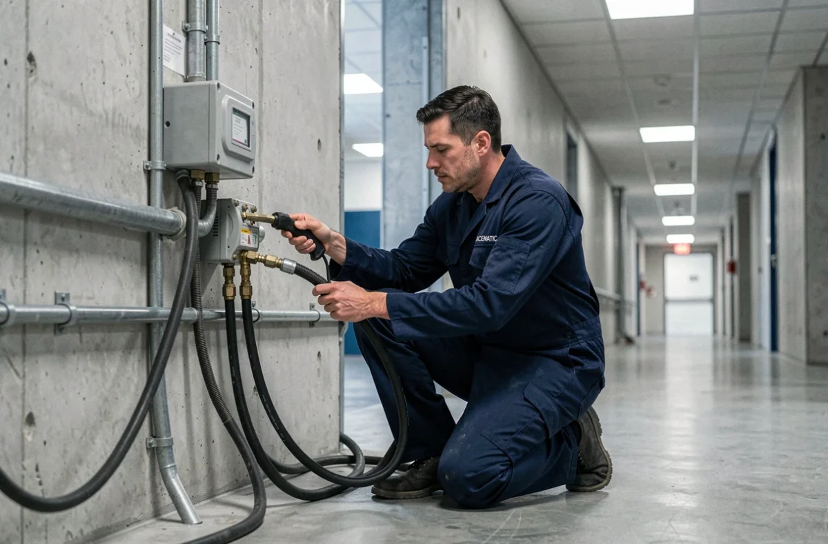 Technicien ACCEMATIC raccordant des câbles industriels dans un couloir de bâtiment commercial, portant une combinaison de travail marquée à l'enseigne de la société