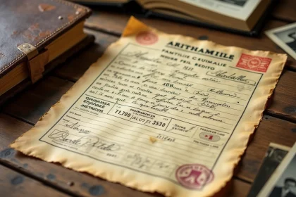 Acte de naissance vintage posé sur un bureau en bois avec un journal de famille et des photos en noir et blanc évoquant les premières années de vie de Patrick Dutartre