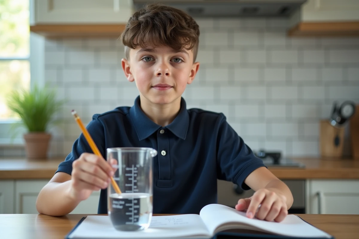 Adolescent montrant la graduation 600 ml sur un verre doseur avec ses notes de conversion en cuisine