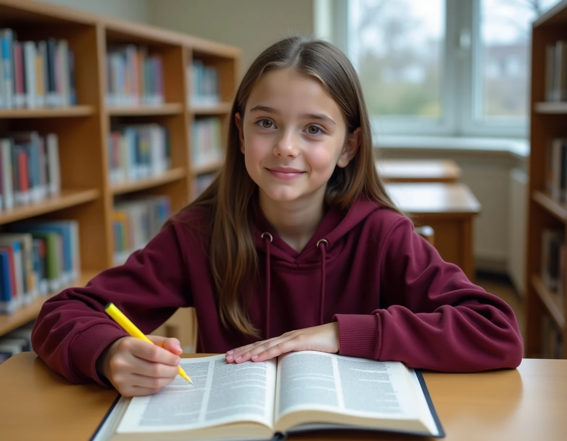 Adolescente annotant un manuel de grammaire française dans une bibliothèque scolaire, étudiant les fautes d'orthographe courantes