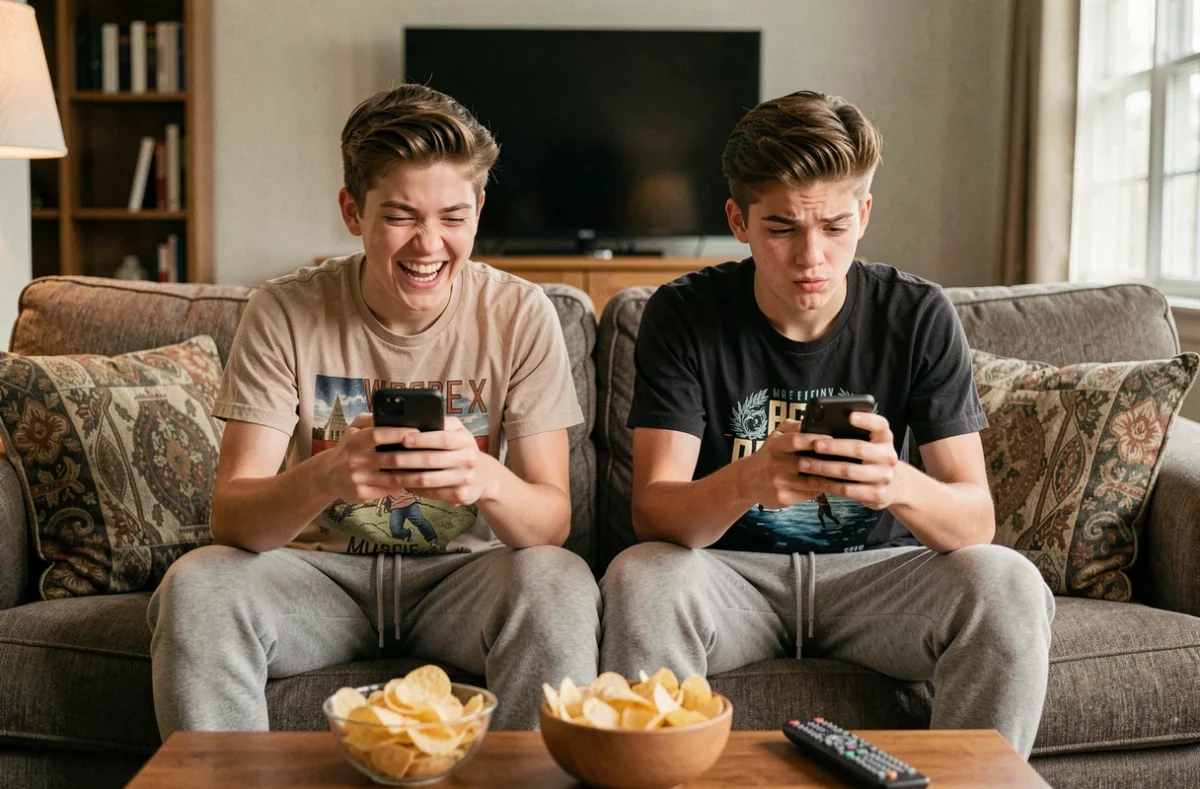 Deux adolescents jouant à Bomb Party sur smartphone côte à côte sur un canapé, entraînant leur rapidité de frappe