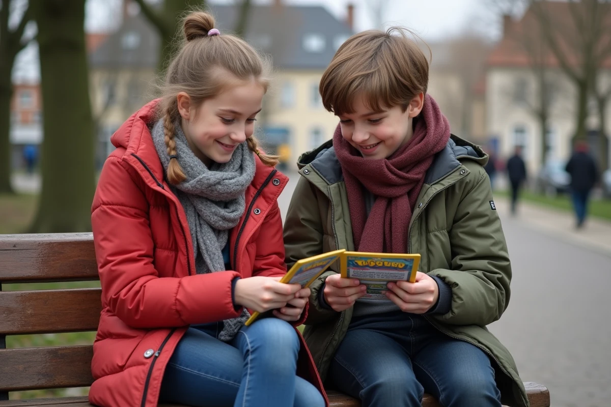 Deux adolescents échangent des cartes Pokémon sur un banc