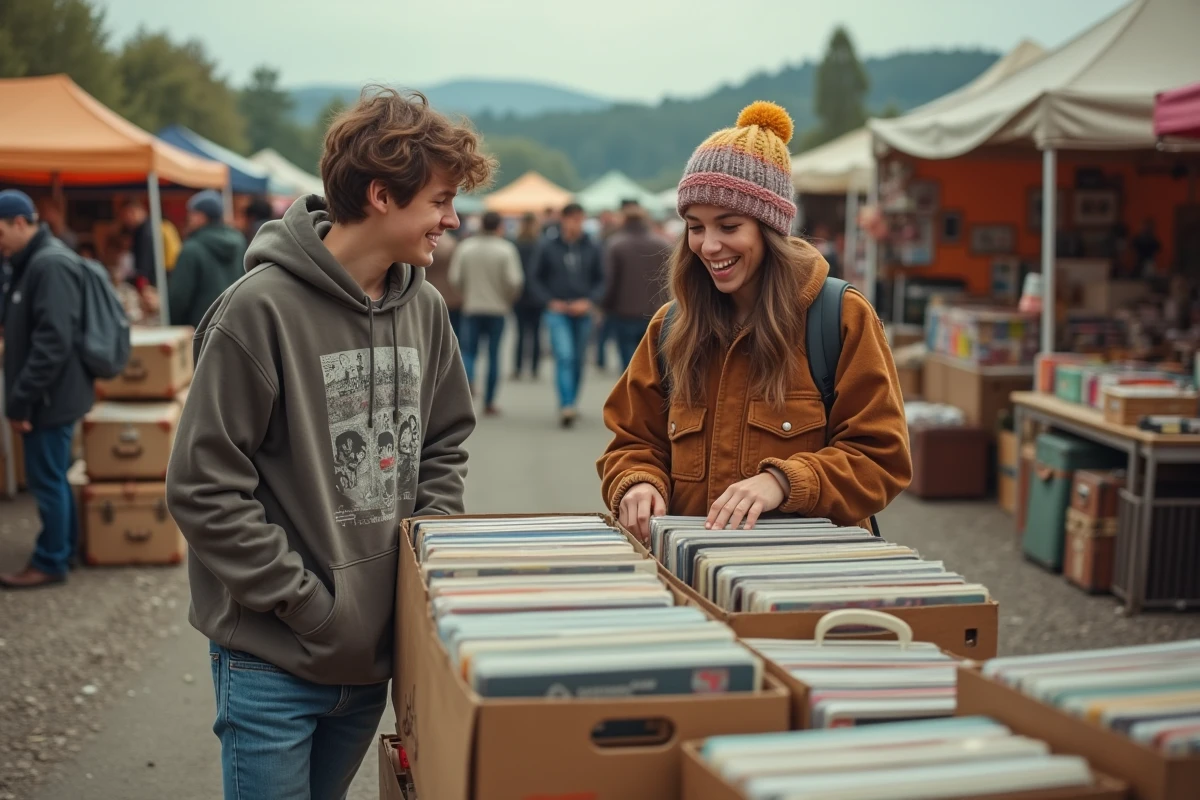 Adolescents riant en parcourant des vinyles au vide grenier