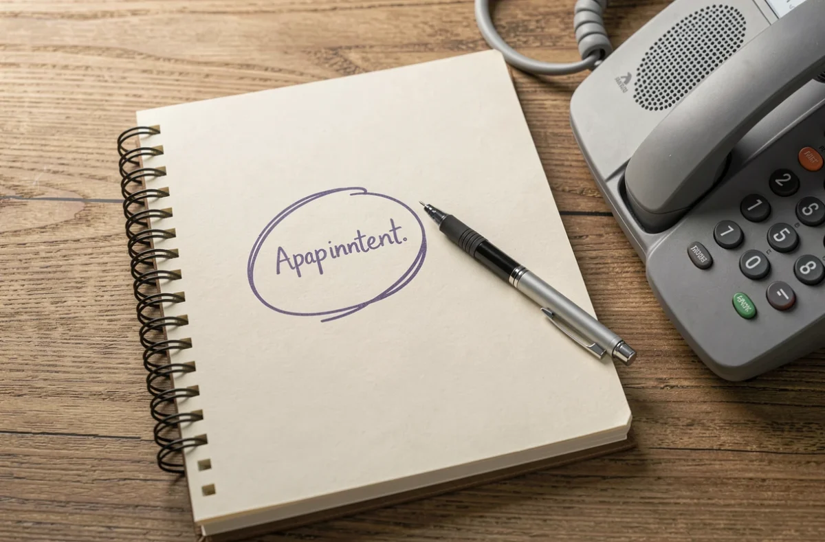 Agenda papier avec un rendez-vous entouré à côté d'un téléphone