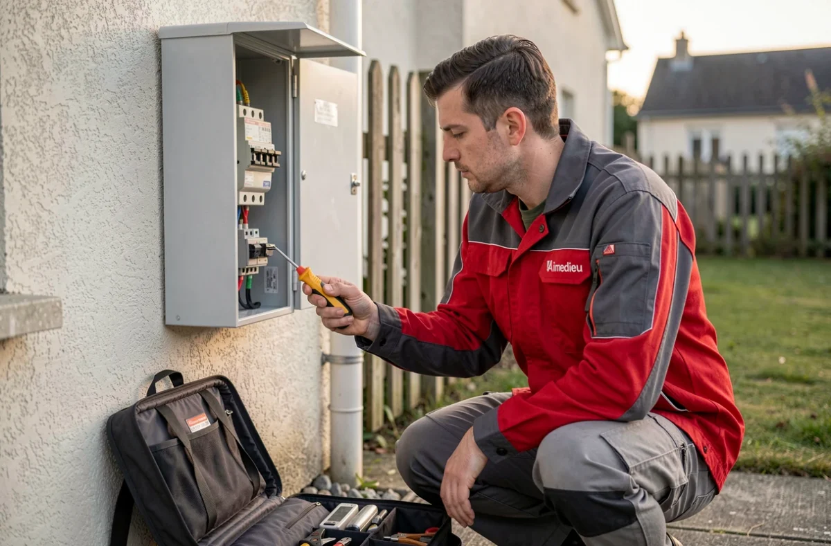 Électricien Aimedieu testant un compteur électrique extérieur sur la façade d'une maison périurbaine avec un testeur de tension professionnel, sac à outils ouvert à ses pieds