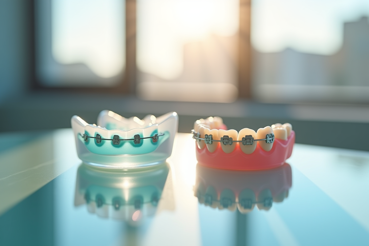 Aligner et appareil dentaire en métal côte à côte sur une table