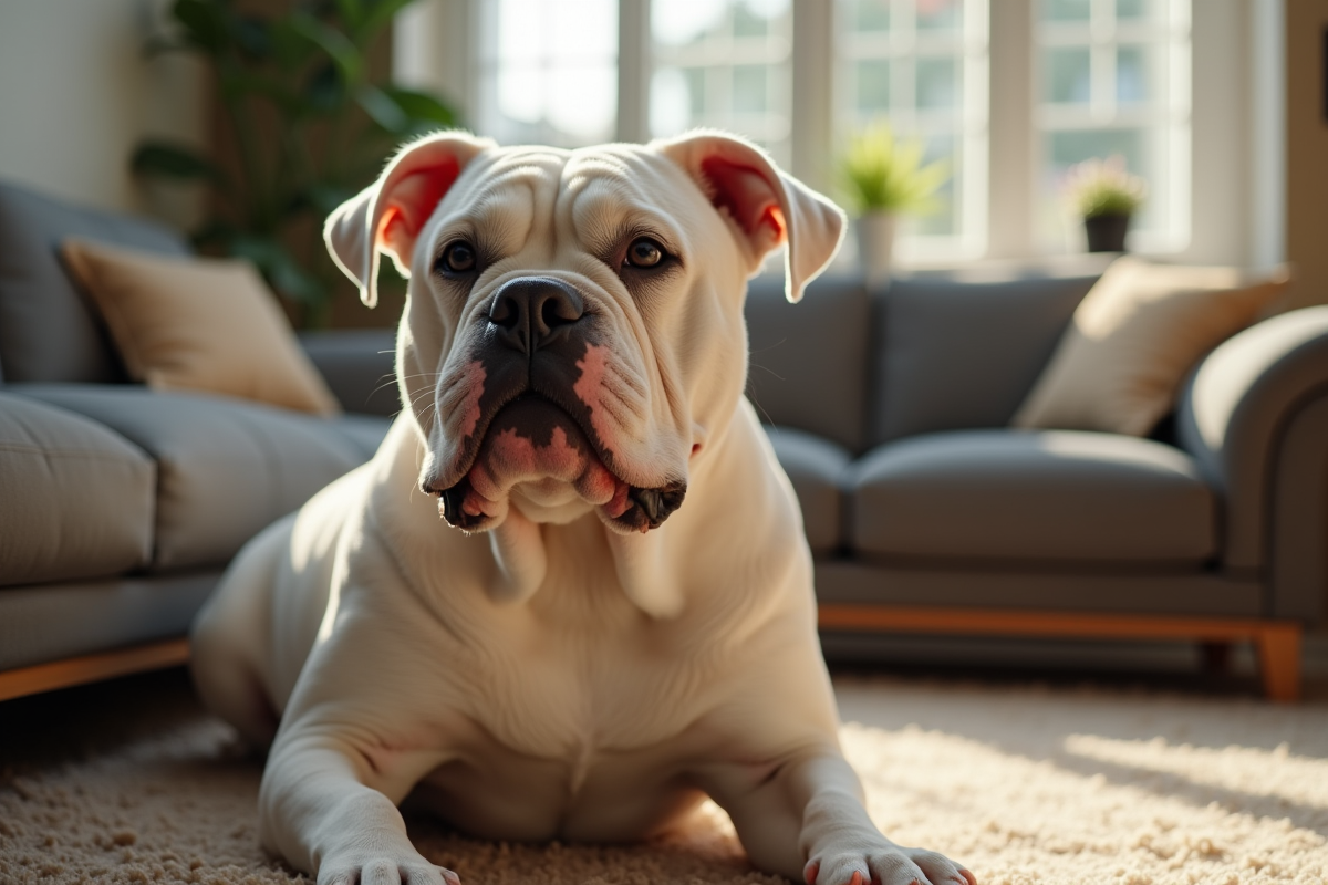 American Bulldog adulte avec son propriétaire dans un salon cosy