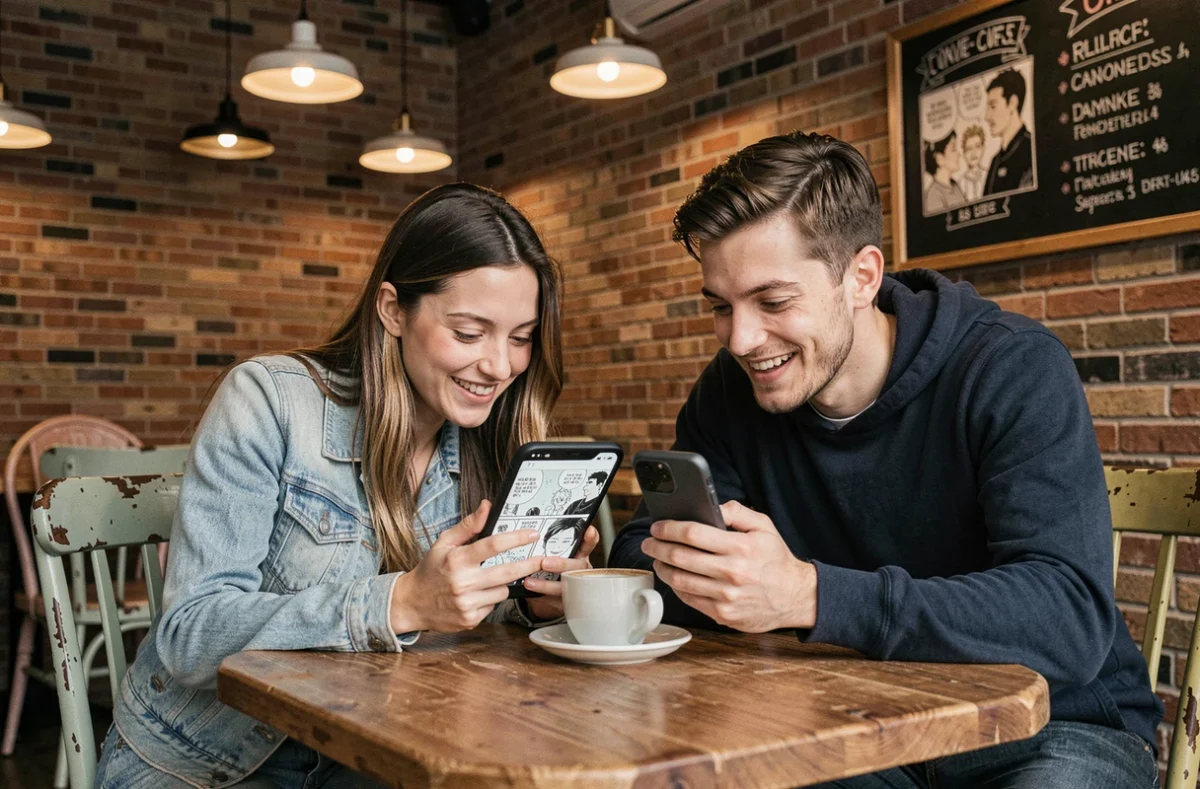 Deux amis regardant ensemble un scan manga yaoi sur smartphone dans un café chaleureux