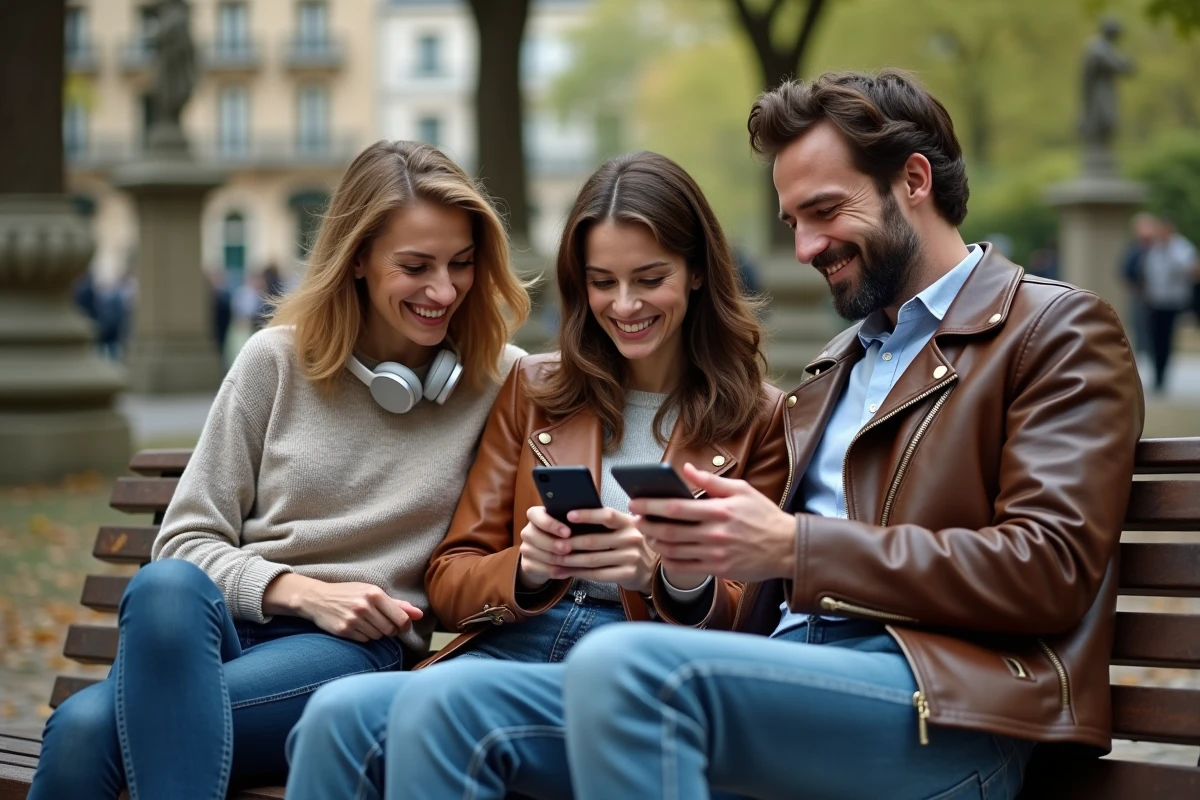 Trois amis dans un parc partageant des écouteurs et riant