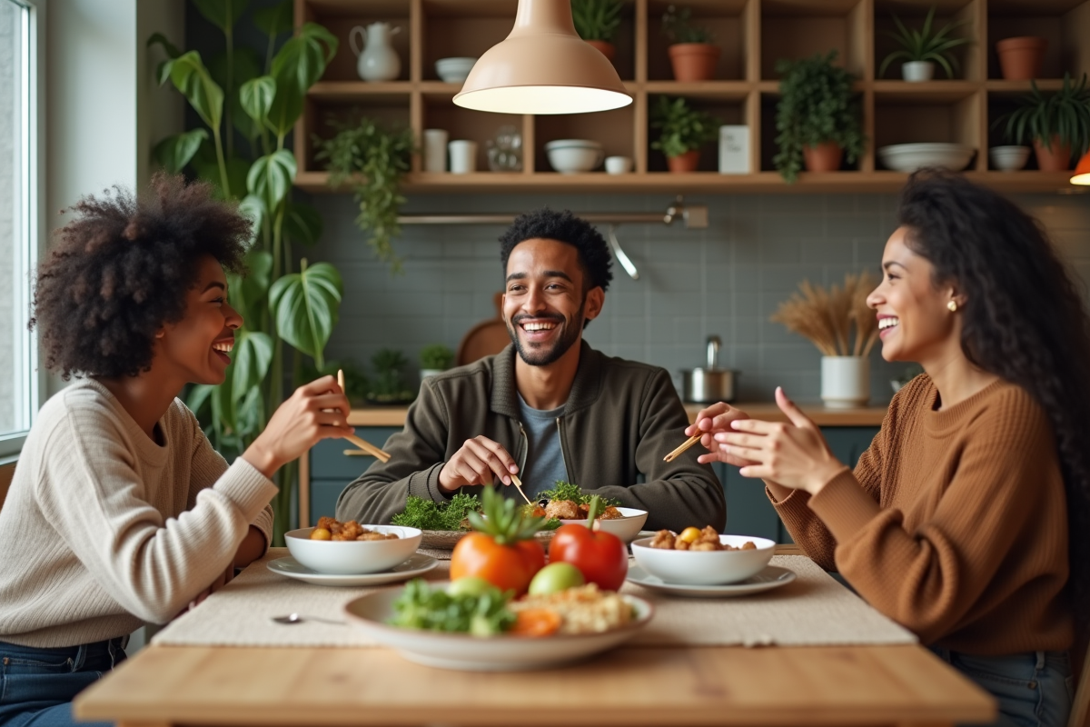 Trois jeunes adultes rient autour d une table à la maison