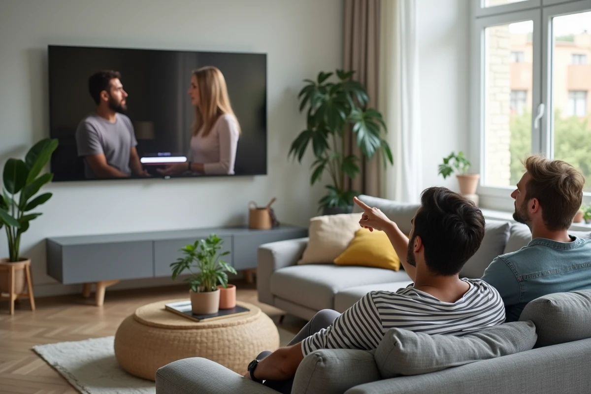 Deux amis regardant ensemble une série espagnole en VO dans un salon moderne pour progresser à l'oral