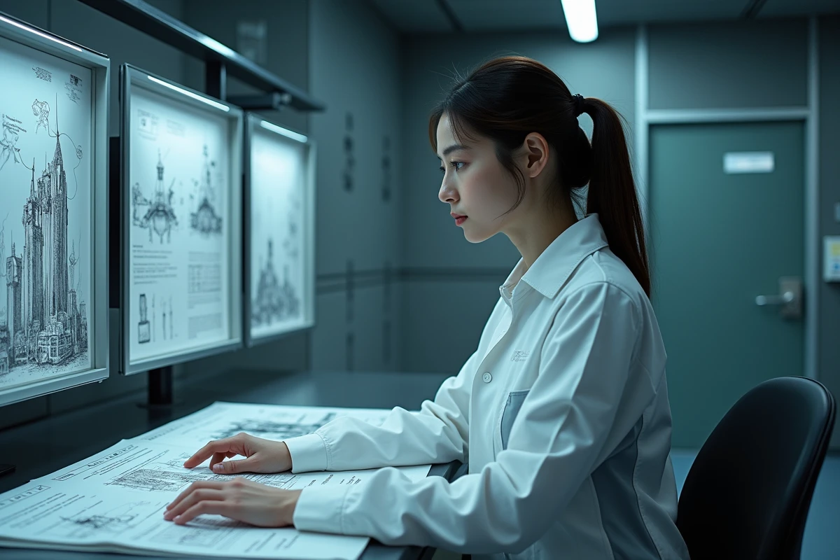 Femme en uniforme clinique analysant des storyboards d'un anime dystopique dans un laboratoire futuriste