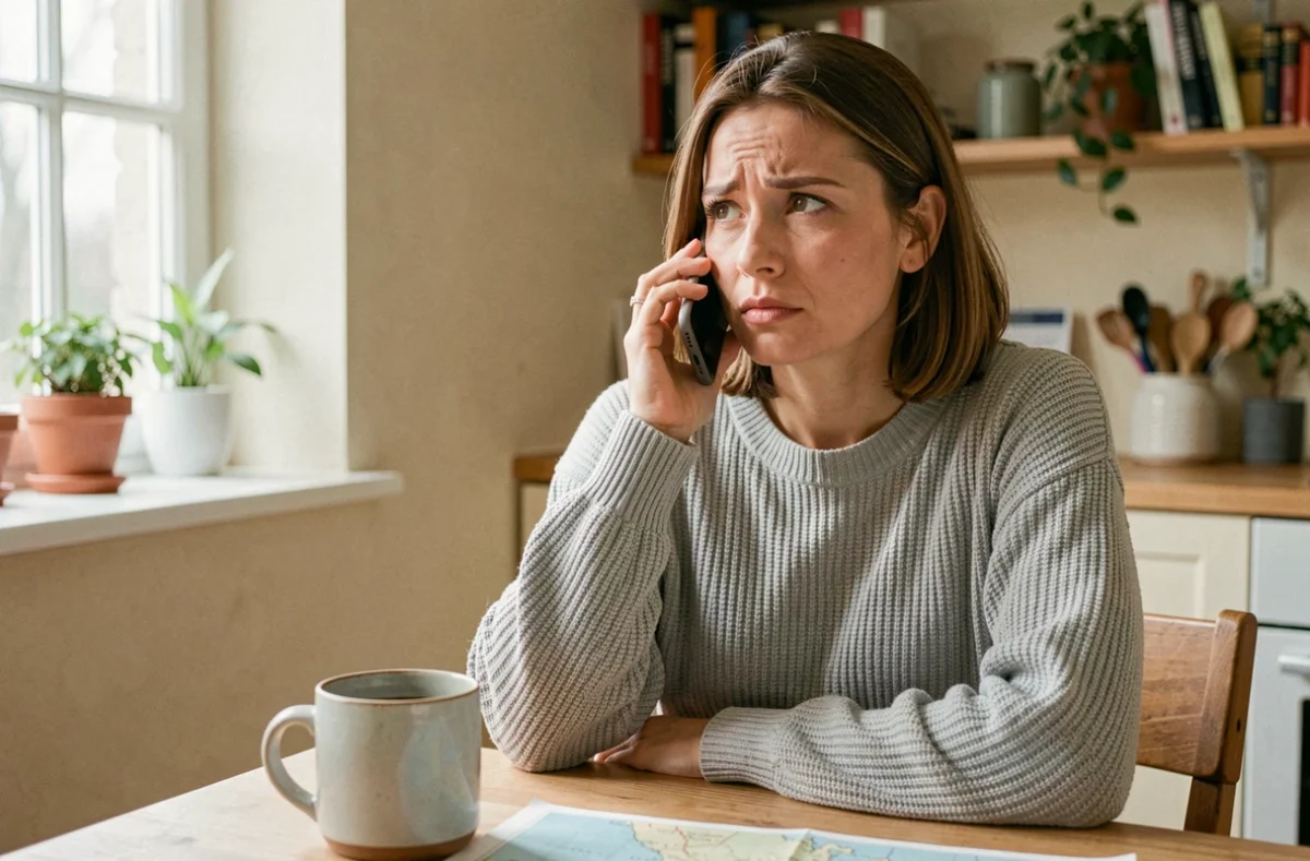 Femme appelant les secours depuis son appartement avec un smartphone, illustrant un appel d'urgence vers la Belgique depuis l'étranger