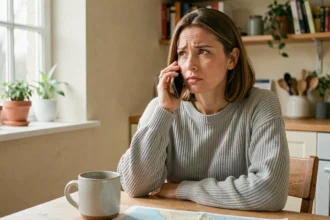 Femme appelant les secours depuis son appartement avec un smartphone, illustrant un appel d'urgence vers la Belgique depuis l'étranger