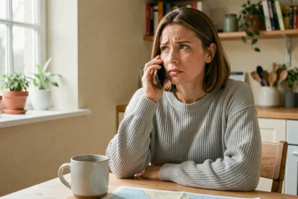 Femme appelant les secours depuis son appartement avec un smartphone, illustrant un appel d'urgence vers la Belgique depuis l'étranger