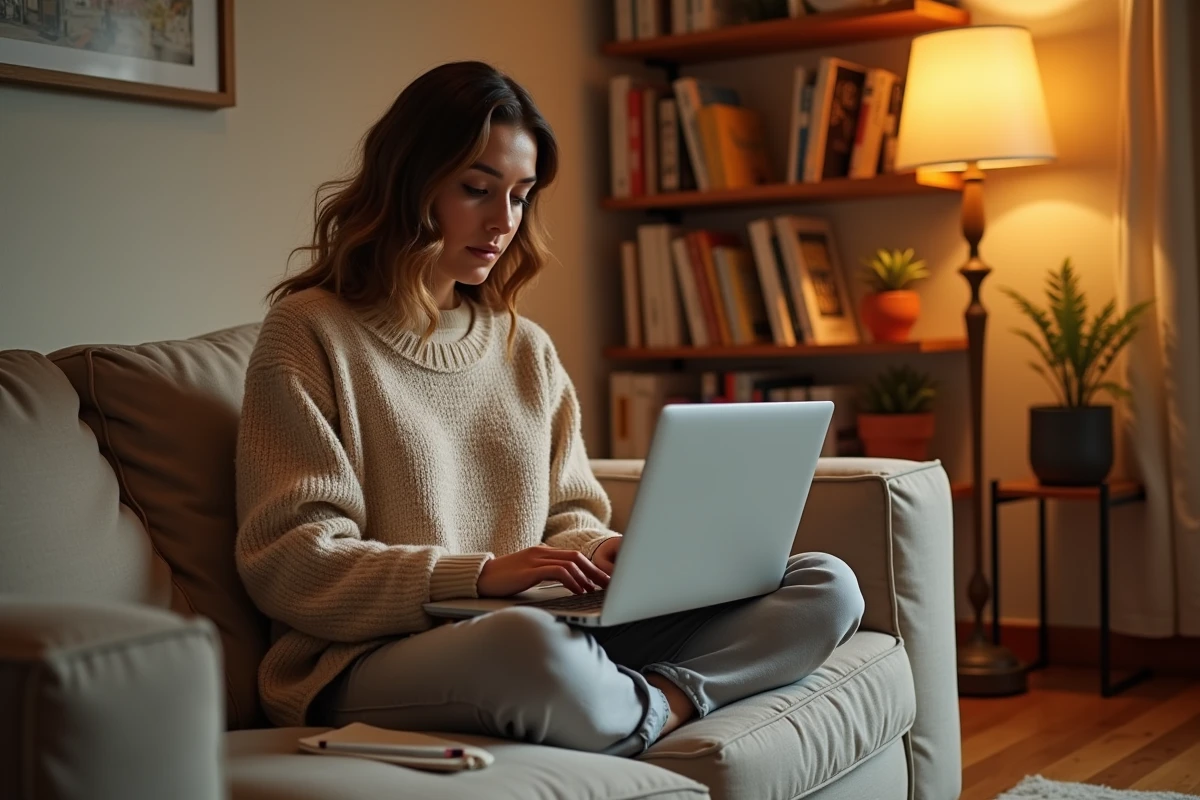 Jeune femme apprenant l'espagnol en regardant une série en VO sur son ordinateur portable depuis son canapé