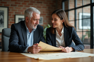 Deux architectes discutent devant des plans anciens