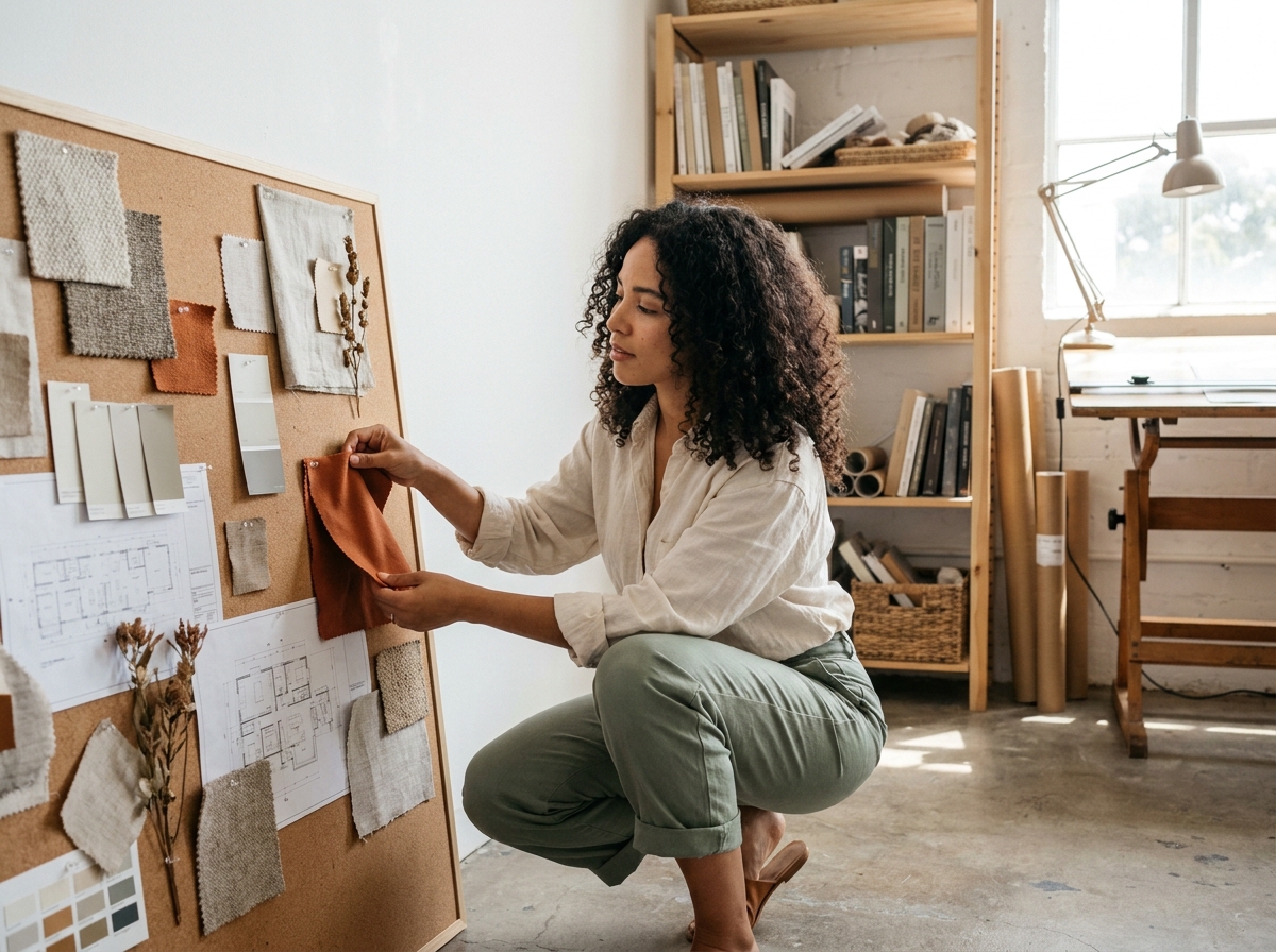 Femme créative aménageant un tableau d'inspiration avec des échantillons de matériaux dans un studio de design d'intérieur