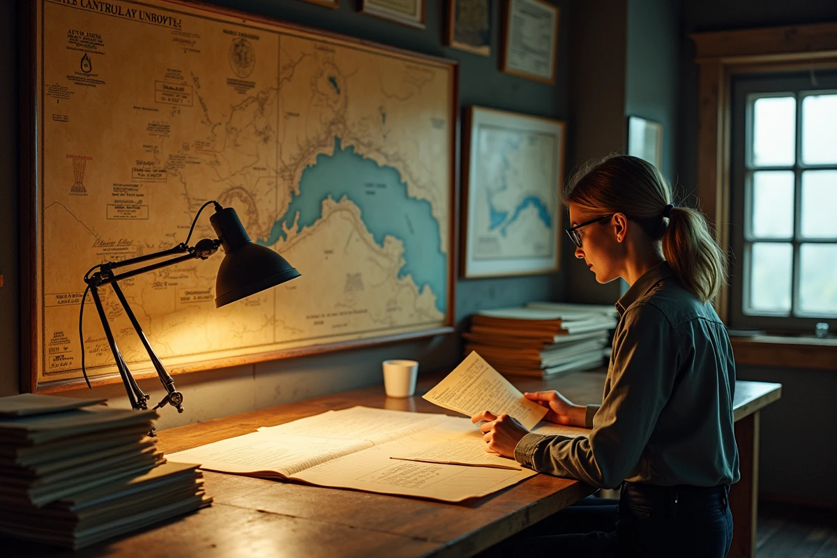 Chercheuse étudiant des archives scientifiques et cartes topographiques de la baie de Lituya pour analyser le tsunami de 1958 le plus grand jamais enregistré