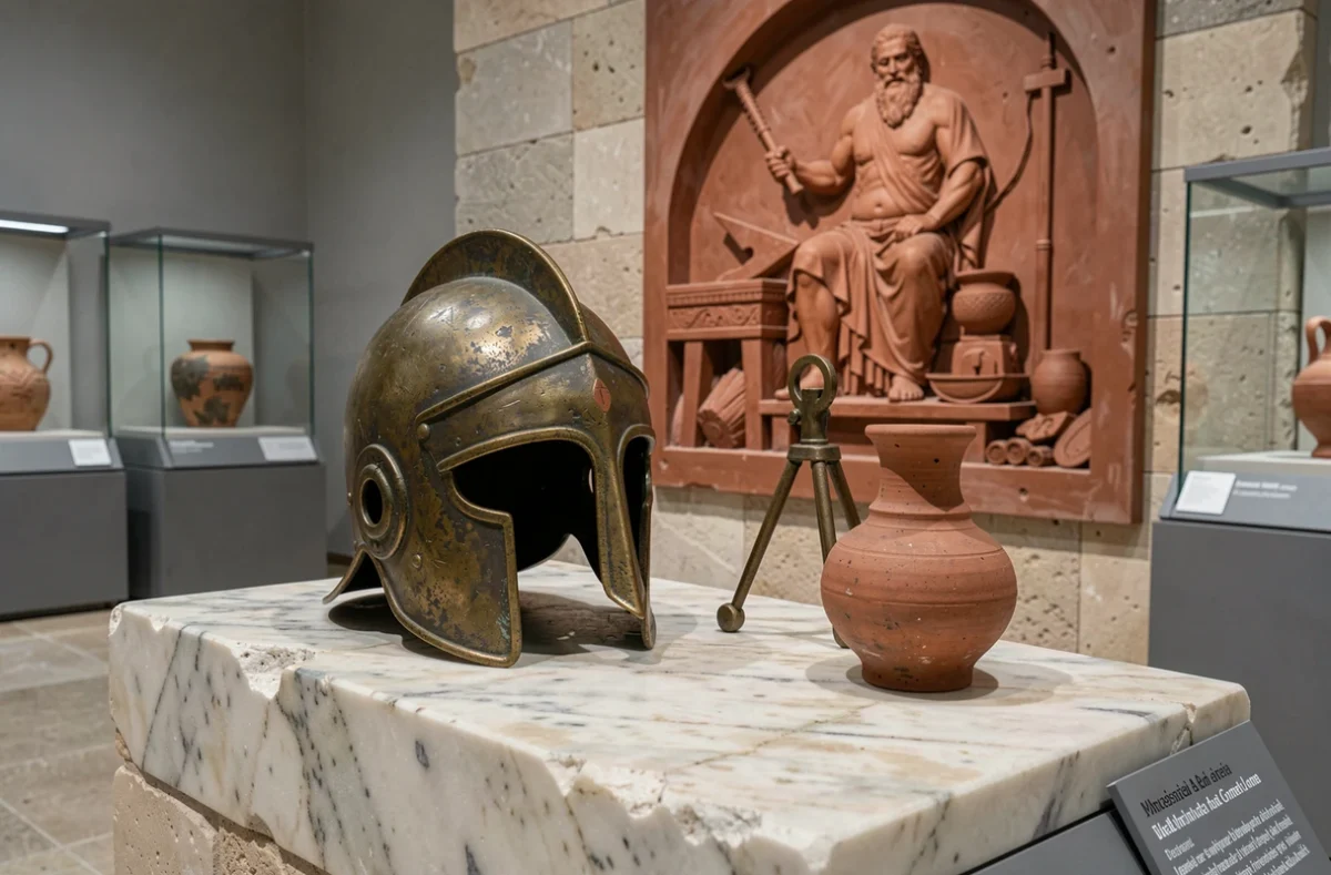 Artefacts grecs anciens exposés dans un musée évoquant Héphaïstos, avec un relief en terre cuite représentant le dieu forgeron