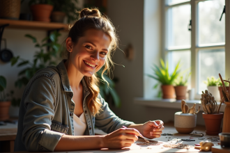 Femme artisan créant des bijoux faits main en lumière naturelle