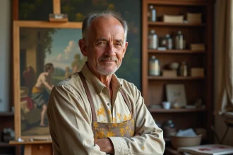 Artiste peintre dans un atelier Renaissance avec des œuvres inspirées de Léonard de Vinci