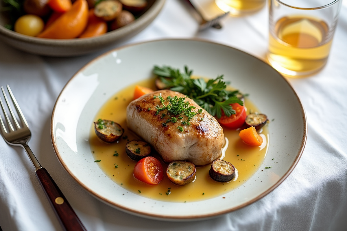 Assiette de sanglier en cidre avec légumes et cidre pétillant