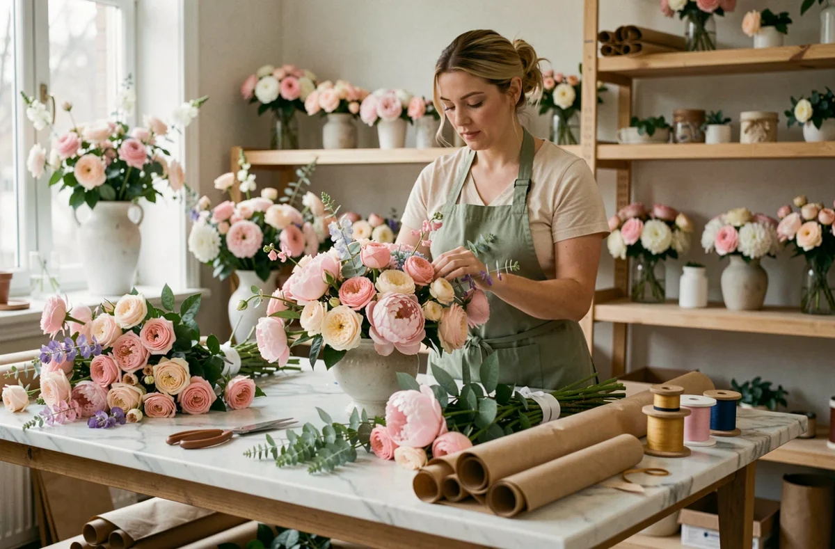 Atelier élégant de L'Atelier des Fleurs avec un plan de travail en marbre couvert de roses, pivoines et matériaux de composition florale, et une fleuriste concentrée sur son arrangement