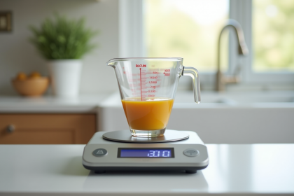Balance de cuisine numérique affichant 300 grammes sur un plan de travail lumineux