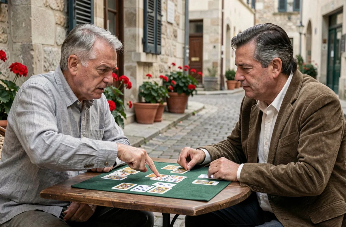 Deux hommes jouant à la belote coinchée en terrasse d'un café de village français