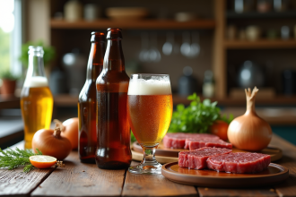 Assortiment de bières belges sur une table en bois avec ingrédients pour carbonade