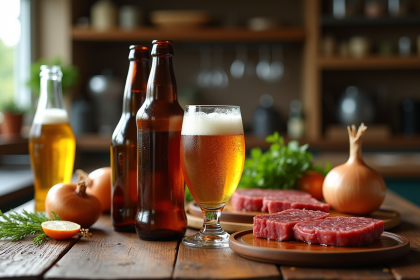 Assortiment de bières belges sur une table en bois avec ingrédients pour carbonade