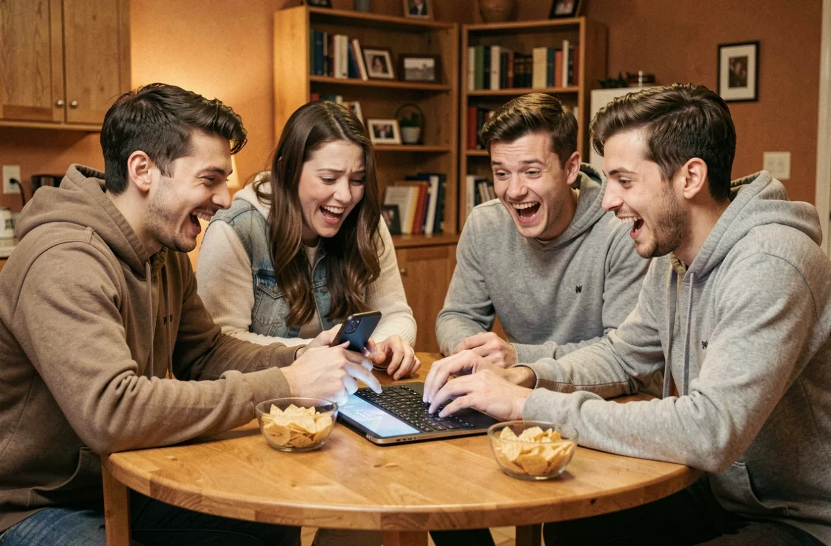 Groupe de jeunes adultes jouant au jeu de la bombe Bomb Party autour d'une table avec un smartphone et une tablette