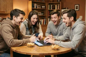 Groupe de jeunes adultes jouant au jeu de la bombe Bomb Party autour d'une table avec un smartphone et une tablette