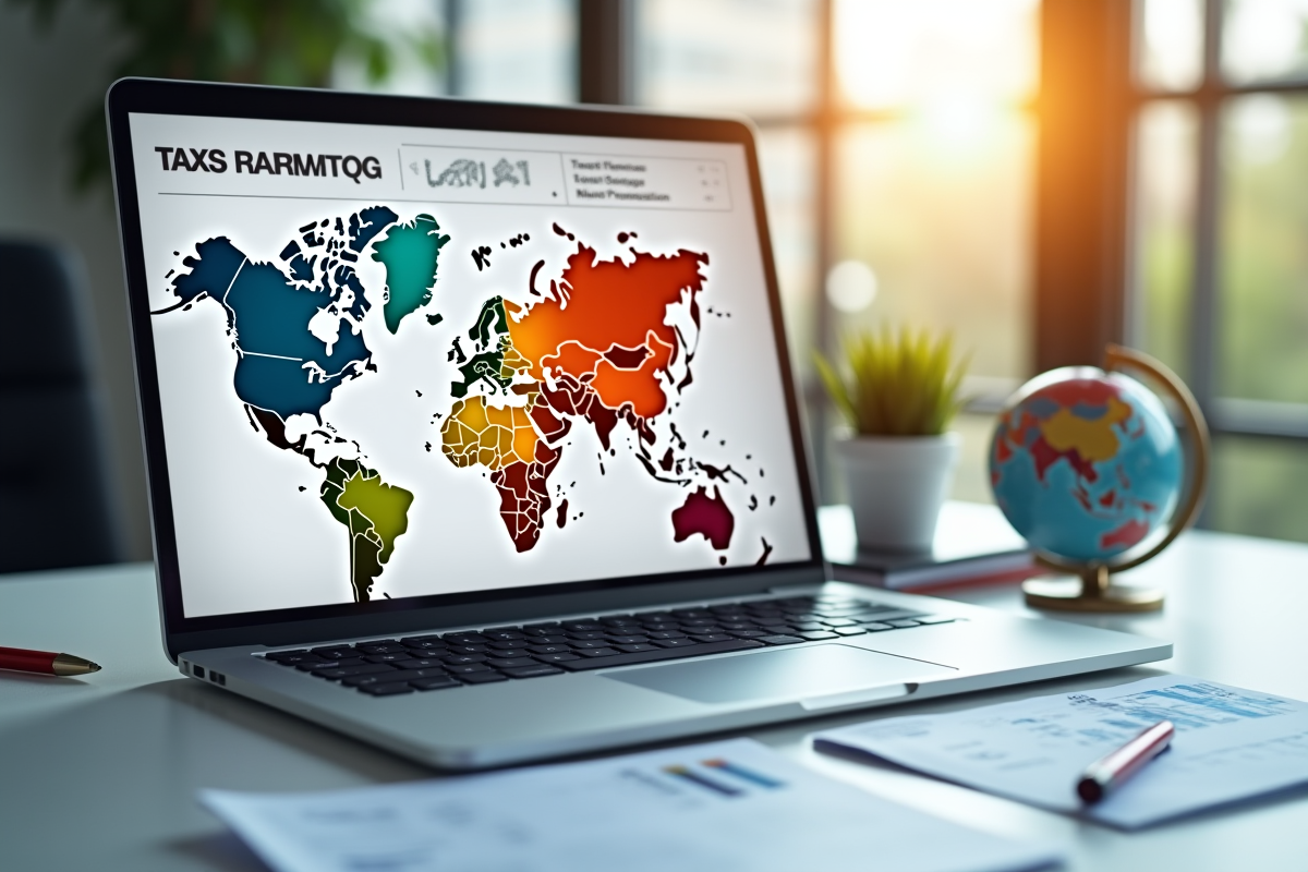 Bureau moderne avec ordinateur affichant une carte du monde colorée