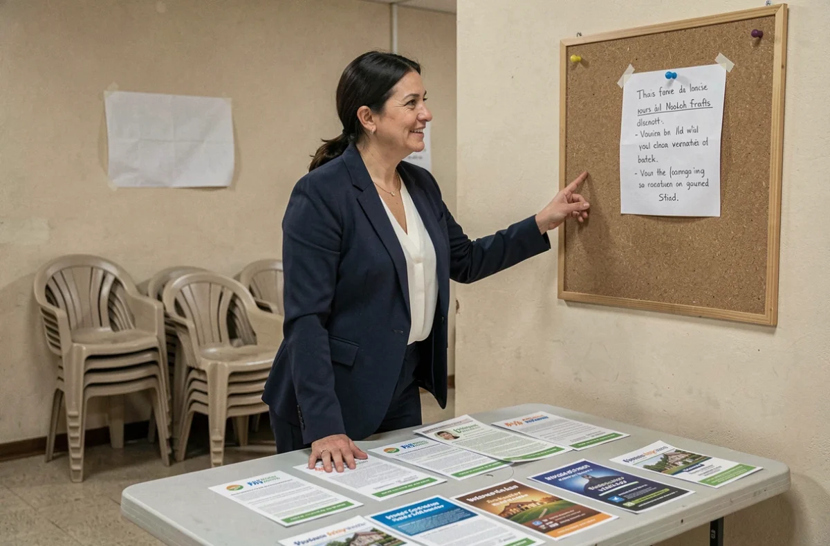 Candidate aux élections municipales présentant sa profession de foi courte devant un panneau d'affichage dans une salle communautaire modeste