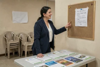 Candidate aux élections municipales présentant sa profession de foi courte devant un panneau d'affichage dans une salle communautaire modeste