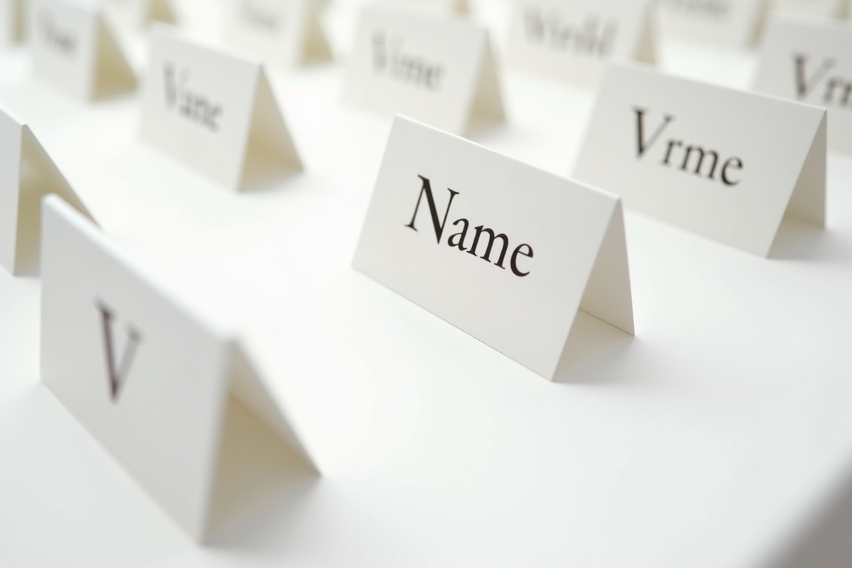 Cartes de noms élégantes avec prénoms en V écrits à la main
