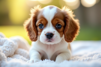 Chiot cavalier king charles sur couverture blanche