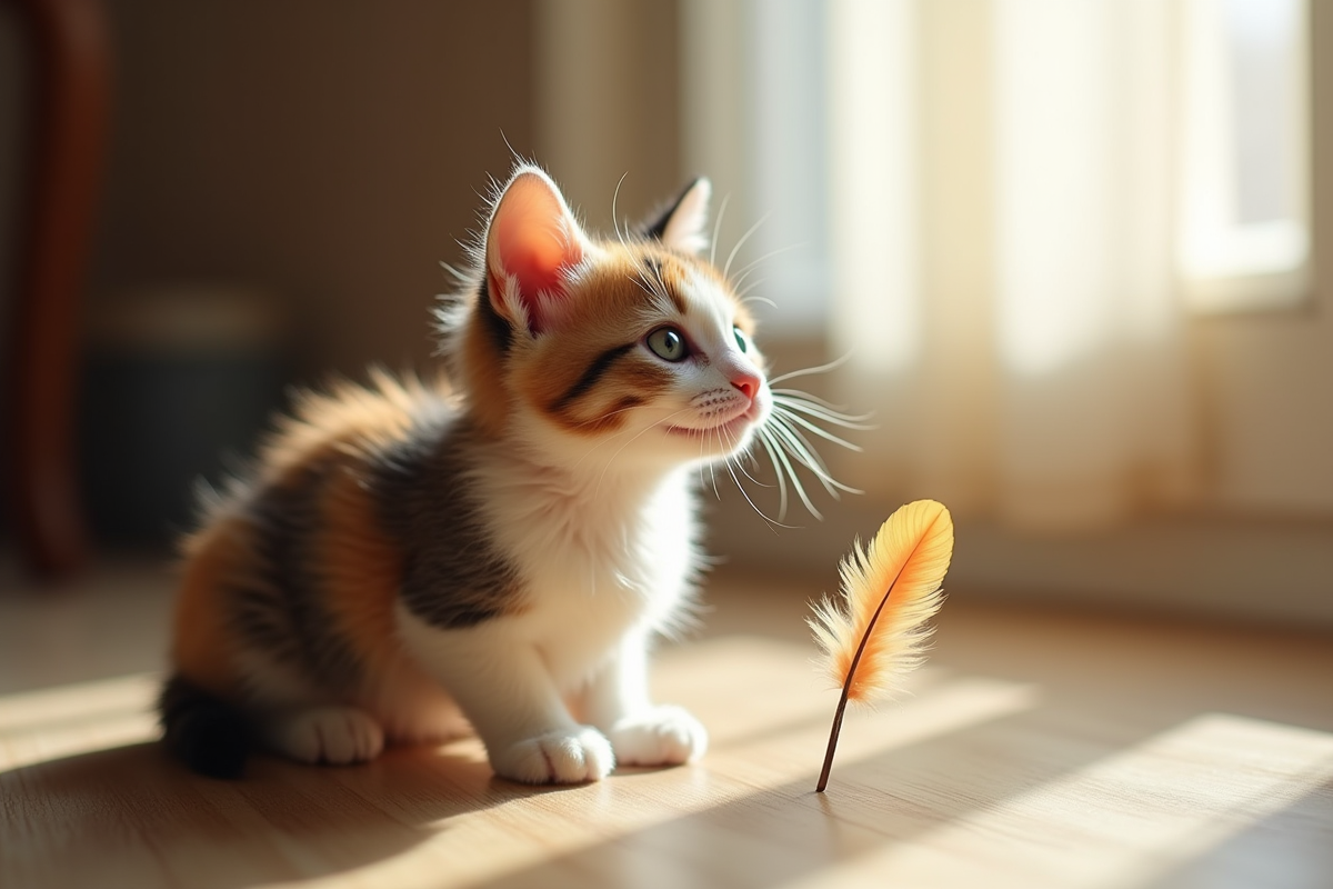 Chaton calico regardant un jouet plume dans une pièce lumineuse
