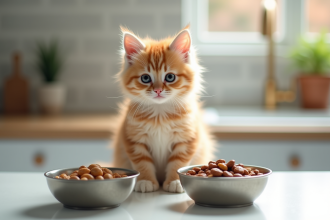 Chaton curieux assis près de deux bols de nourriture