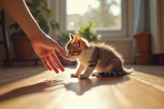 Chaton tricolore jouant avec une main humaine sur un sol en bois ensoleille