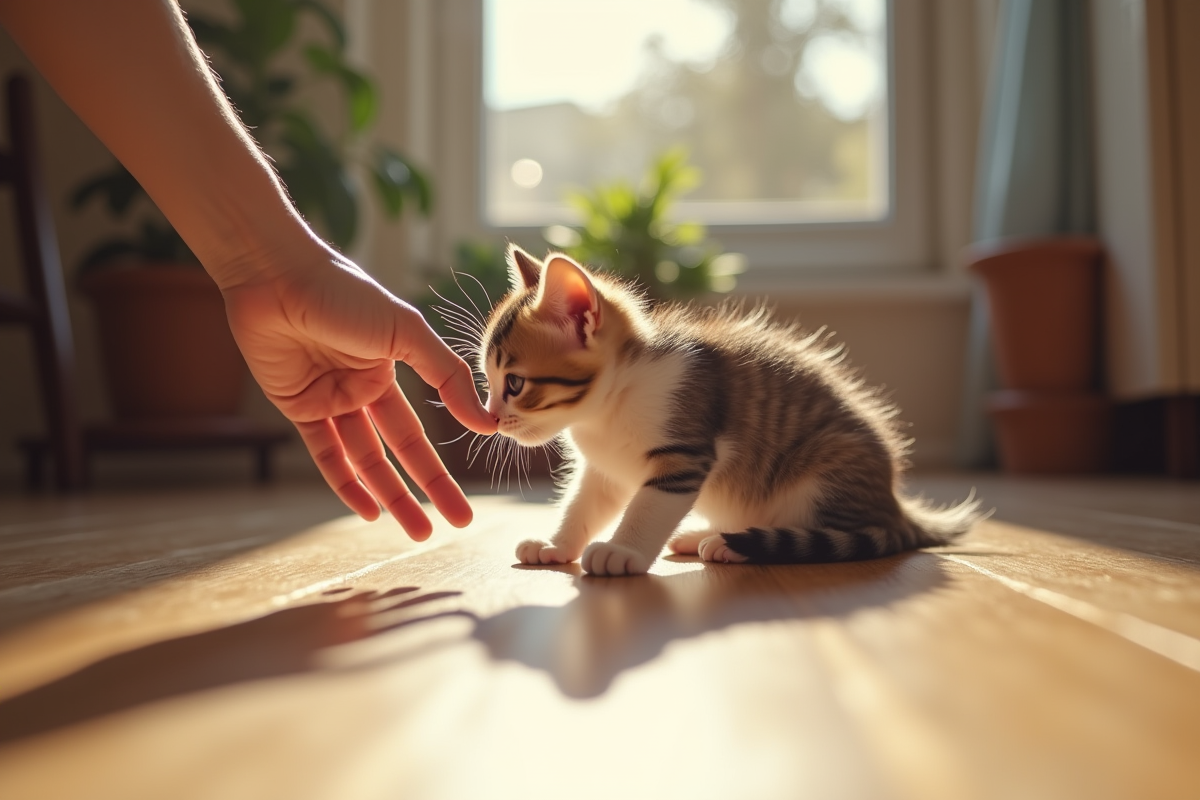 Chaton tricolore jouant avec une main humaine sur un sol en bois ensoleille