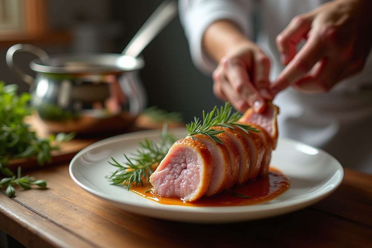 Chef servant des tranches de confit de porc avec herbes fraîches