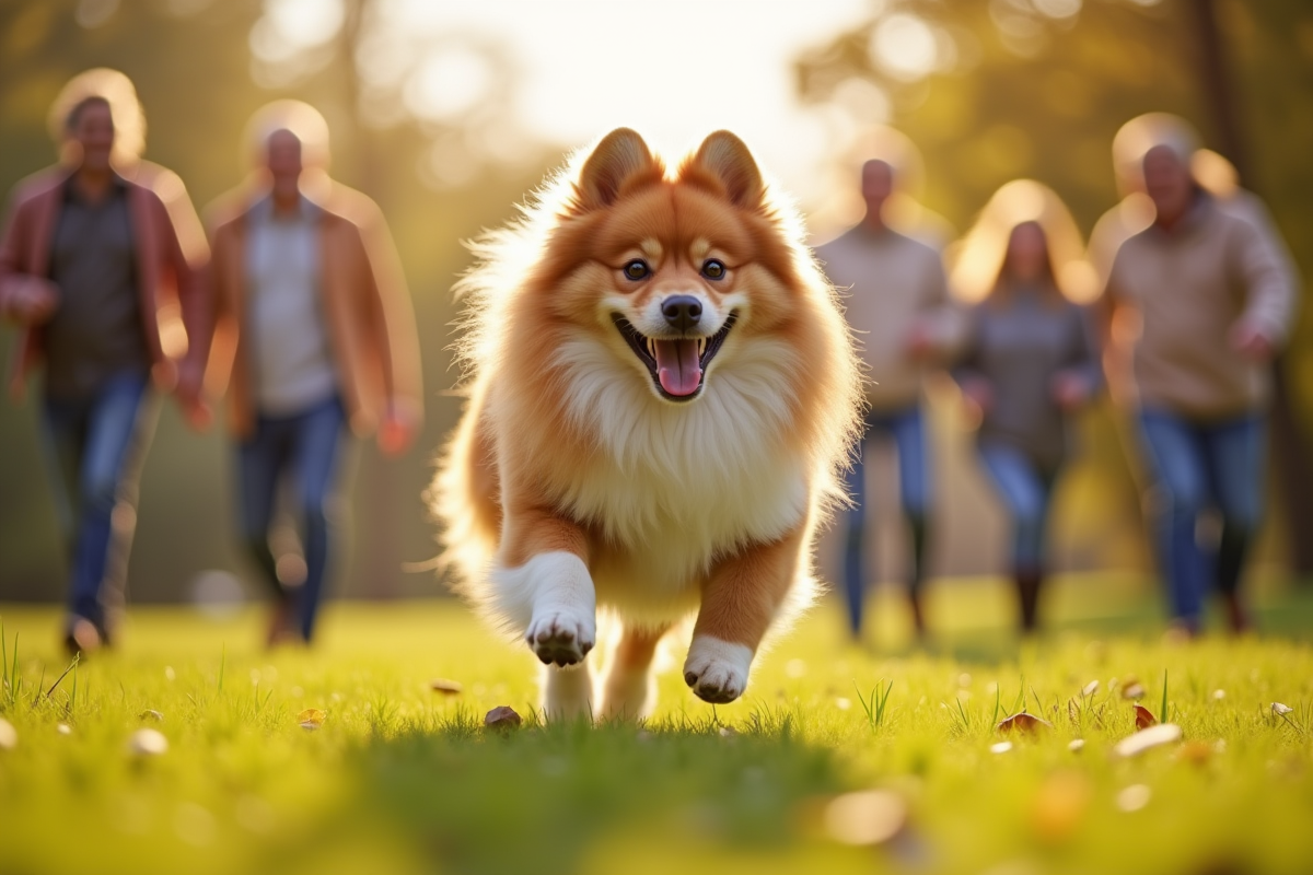 Chien Spitz courant dans un parc avec famille souriante