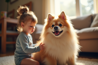 Chien Spitz allemand dans un salon ensoleille avec famille