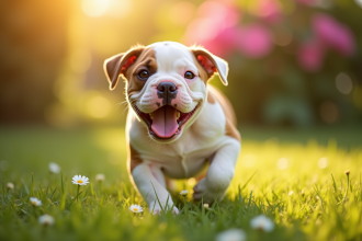 Chiot American Bulldog jouant dans un jardin ensoleille