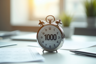 Chronomètre digital affichant 1000 secondes sur un bureau blanc