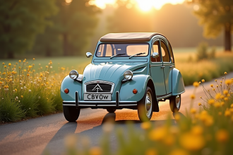 Citroën 2CV en campagne au printemps avec fleurs sauvages